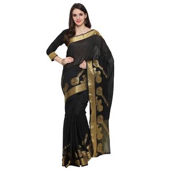 Black Woven Polycotton Saree With Blouse 1