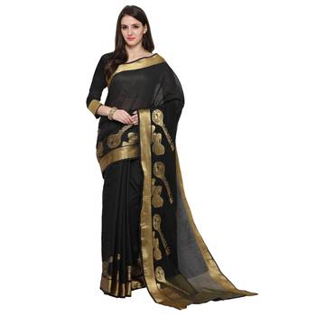 Black Woven Polycotton Saree With Blouse 3