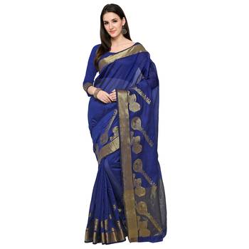 Blue Woven Polycotton Saree With Blouse 1