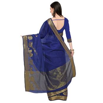 Blue Woven Polycotton Saree With Blouse 2