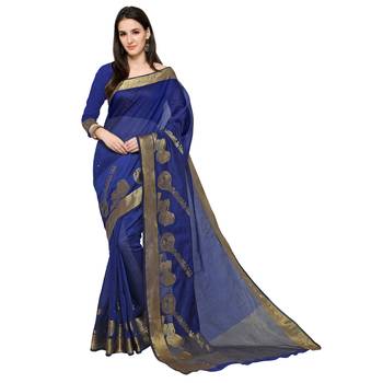 Blue Woven Polycotton Saree With Blouse 3