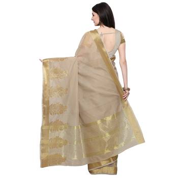 Beige Woven Polycotton Saree With Blouse 2