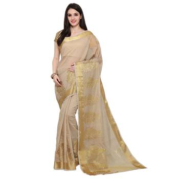 Beige Woven Polycotton Saree With Blouse 3