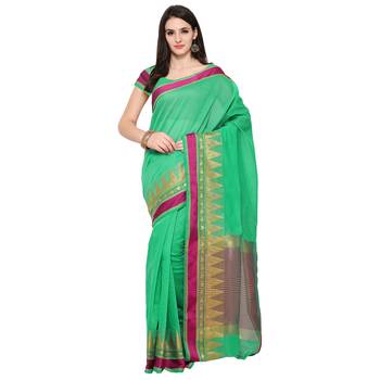 Green Woven Polycotton Saree With Blouse 1