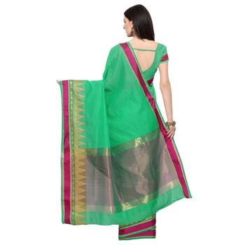 Green Woven Polycotton Saree With Blouse 2