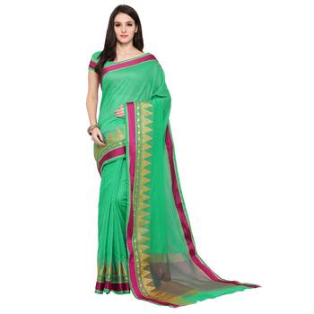 Green Woven Polycotton Saree With Blouse 3
