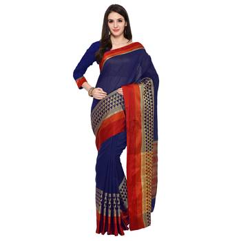 Navy Blue Woven Polycotton Saree With Blouse 1