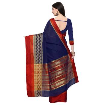 Navy Blue Woven Polycotton Saree With Blouse 2