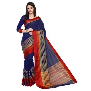 Navy Blue Woven Polycotton Saree With Blouse 3