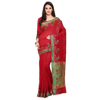 Red Woven Polycotton Saree With Blouse 1