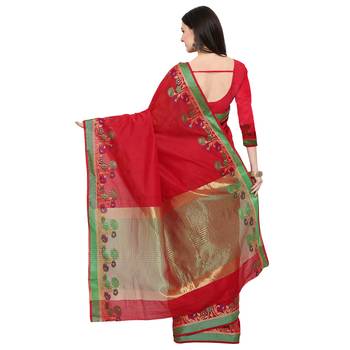 Red Woven Polycotton Saree With Blouse 2