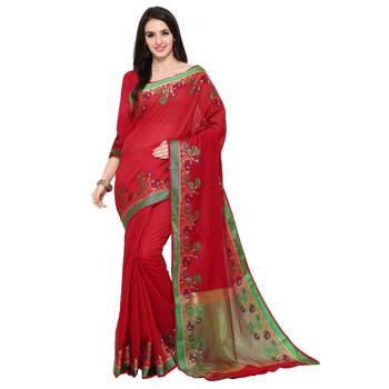 Red Woven Polycotton Saree With Blouse 3