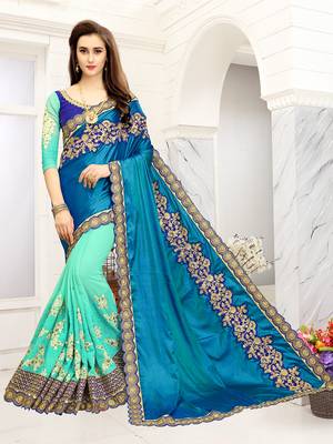 Turquoise embroidered georgette Net Saree With Blouse 1