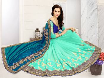 Turquoise embroidered georgette Net Saree With Blouse 3