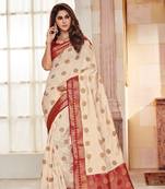 White Embroidered Faux Raw Silk Saree With Blouse