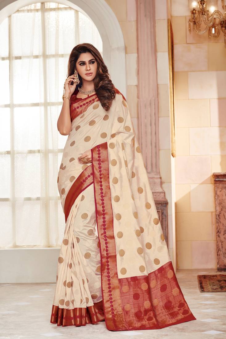 White Embroidered Faux Raw Silk Saree With Blouse