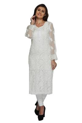 Cream Embroidered Stitched Georgette Kurti 1