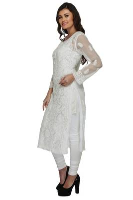 Cream Embroidered Stitched Georgette Kurti 3