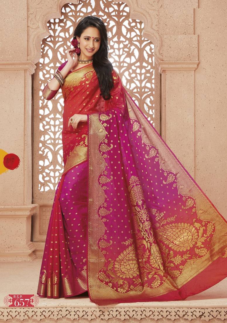 Pink Embroidered Faux Raw Silk Saree With Blouse