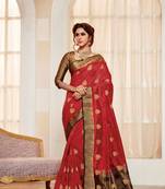 Red Embroidered Faux Raw Silk Saree With Blouse