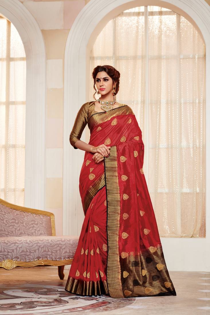 Red Embroidered Faux Raw Silk Saree With Blouse