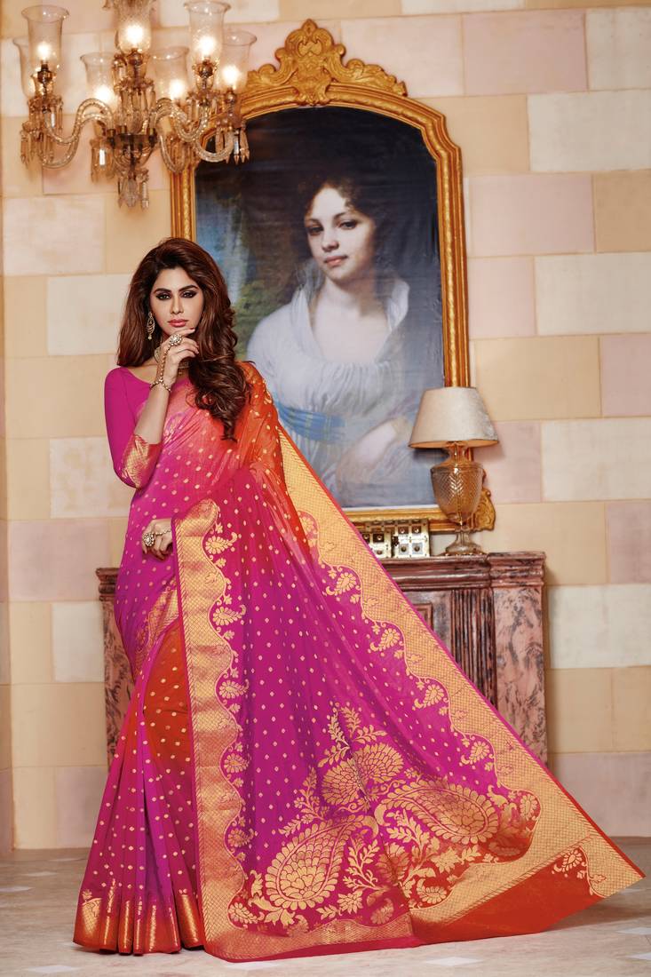 Pink Embroidered Faux Raw Silk Saree With Blouse