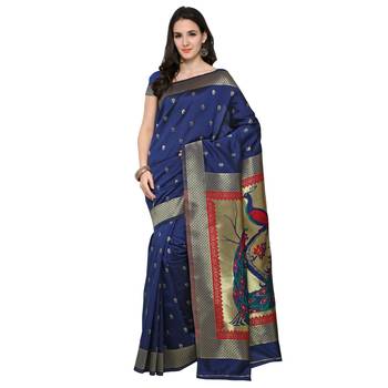 Navy Blue Woven Banarasi Saree With Blouse 1