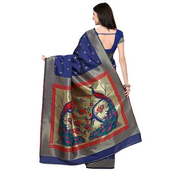 Navy Blue Woven Banarasi Saree With Blouse 2