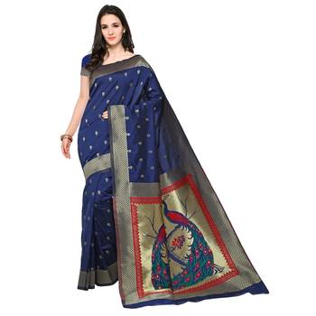 Navy Blue Woven Banarasi Saree With Blouse 3