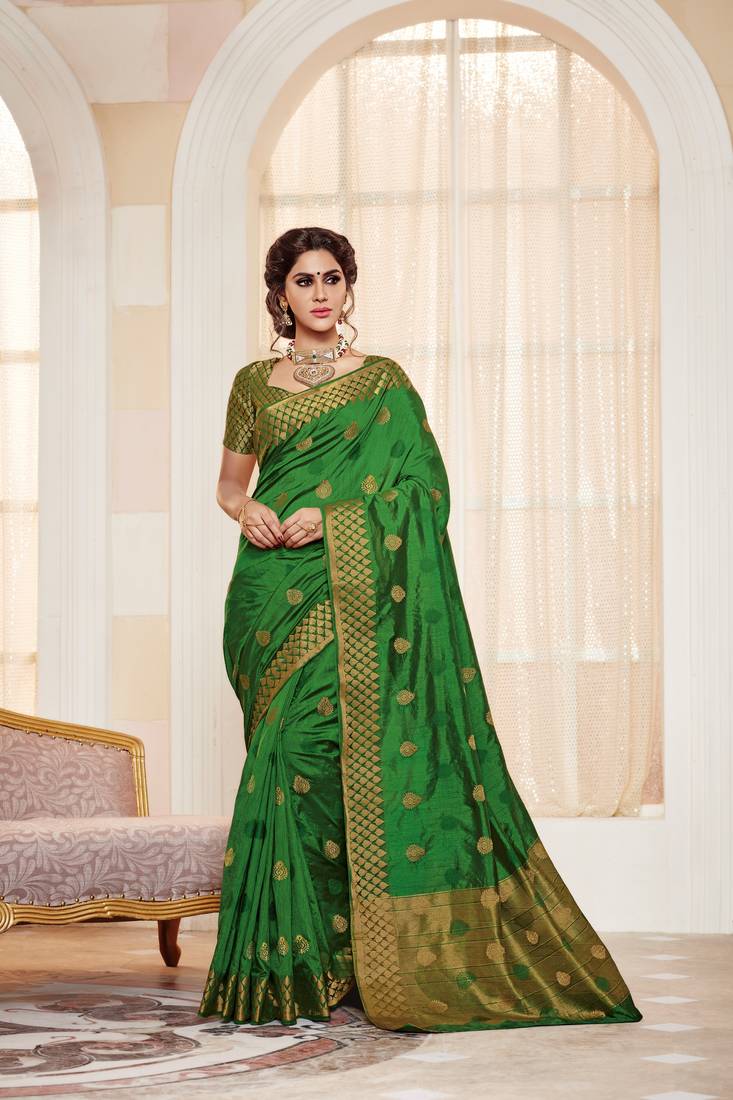 Green  Embroidered Faux Raw Silk Saree With Blouse