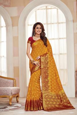 Yellow Embroidered Faux Raw Silk Saree With Blouse 1