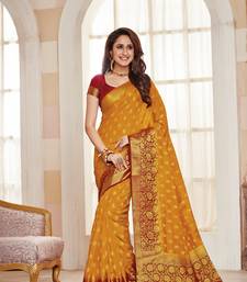 Yellow Embroidered Faux Raw Silk Saree With Blouse
