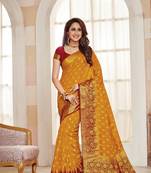 Yellow Embroidered Faux Raw Silk Saree With Blouse