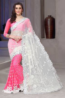Pink embroidered net saree with blouse 1