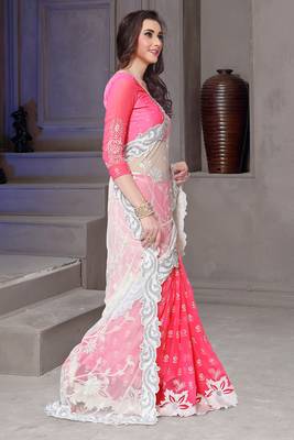 Pink embroidered net saree with blouse 2