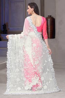 Pink embroidered net saree with blouse 3