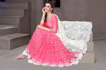 Pink embroidered net saree with blouse 4