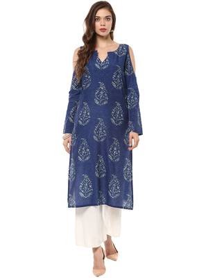Blue printed cotton stitched kurtas-and-kurtis 1