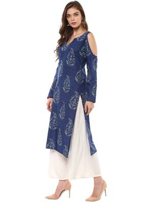 Blue printed cotton stitched kurtas-and-kurtis 4