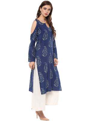 Blue printed cotton stitched kurtas-and-kurtis 5