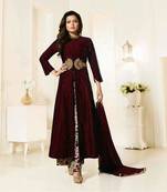 Maroon embroidered silk  semi stitched salwar suit with dupatta 