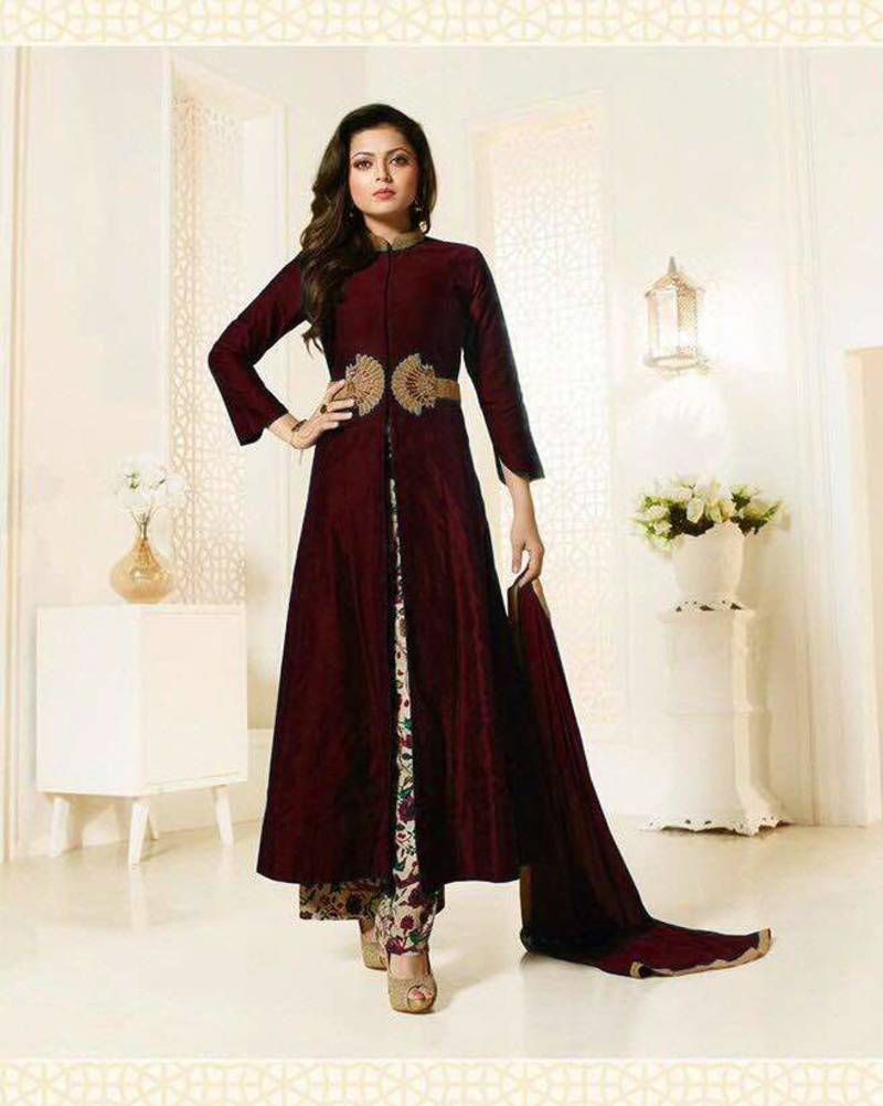 Maroon embroidered silk  semi stitched salwar suit with dupatta 