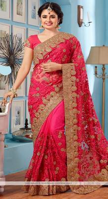Pink  embroidered net saree with blouse 1