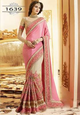 peach embroidered chiffon saree with blouse 1