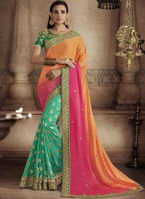 Orange embroidered jacquard saree with blouse 1