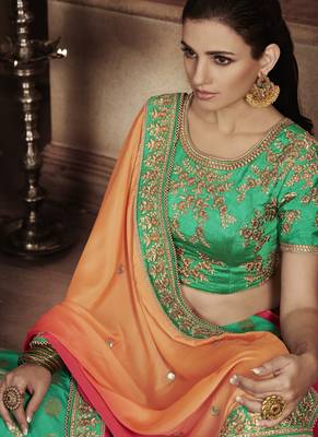 Orange embroidered jacquard saree with blouse 2