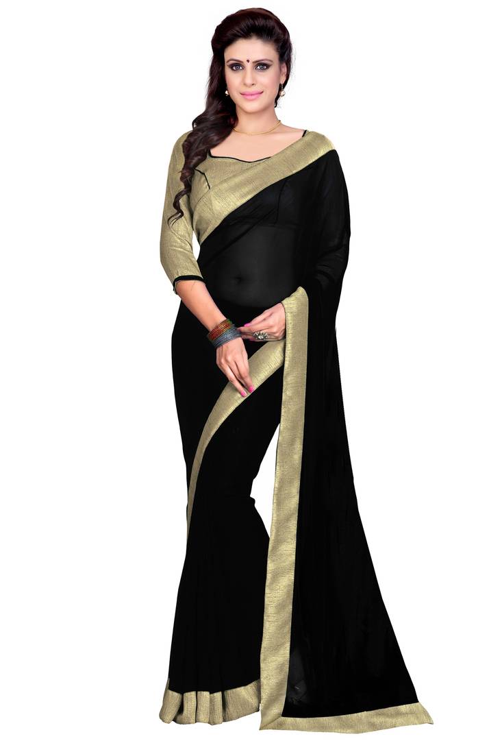 Black plain faux georgette saree with blouse