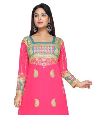 Pink American Crepe Printed Long Kaftan  with Long Sleeves 1