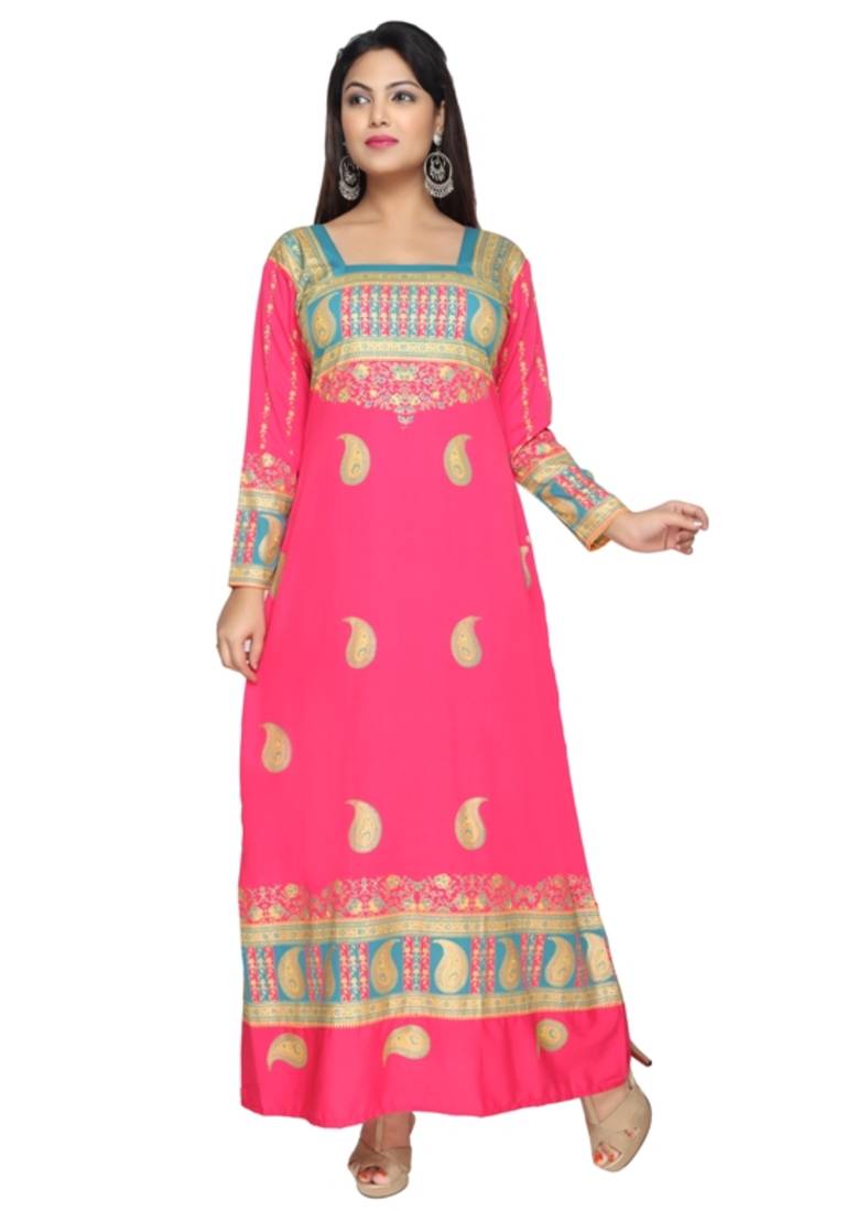 Pink American Crepe Printed Long Kaftan  with Long Sleeves