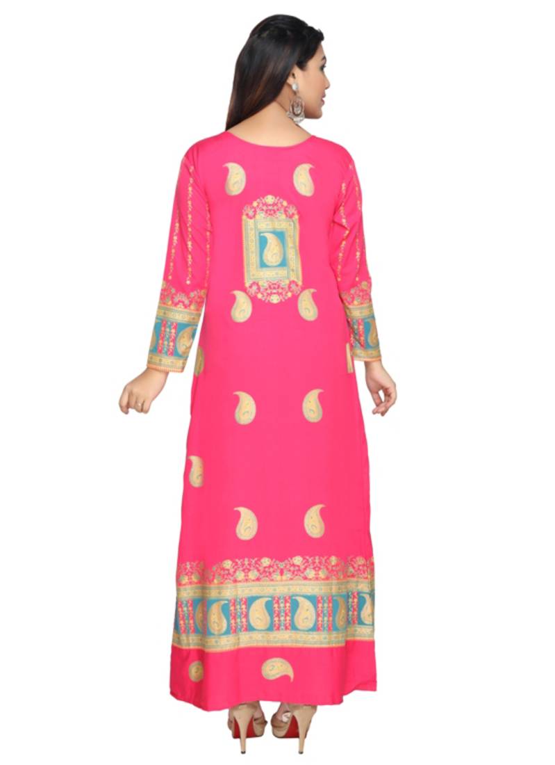 Pink American Crepe Printed Long Kaftan  with Long Sleeves